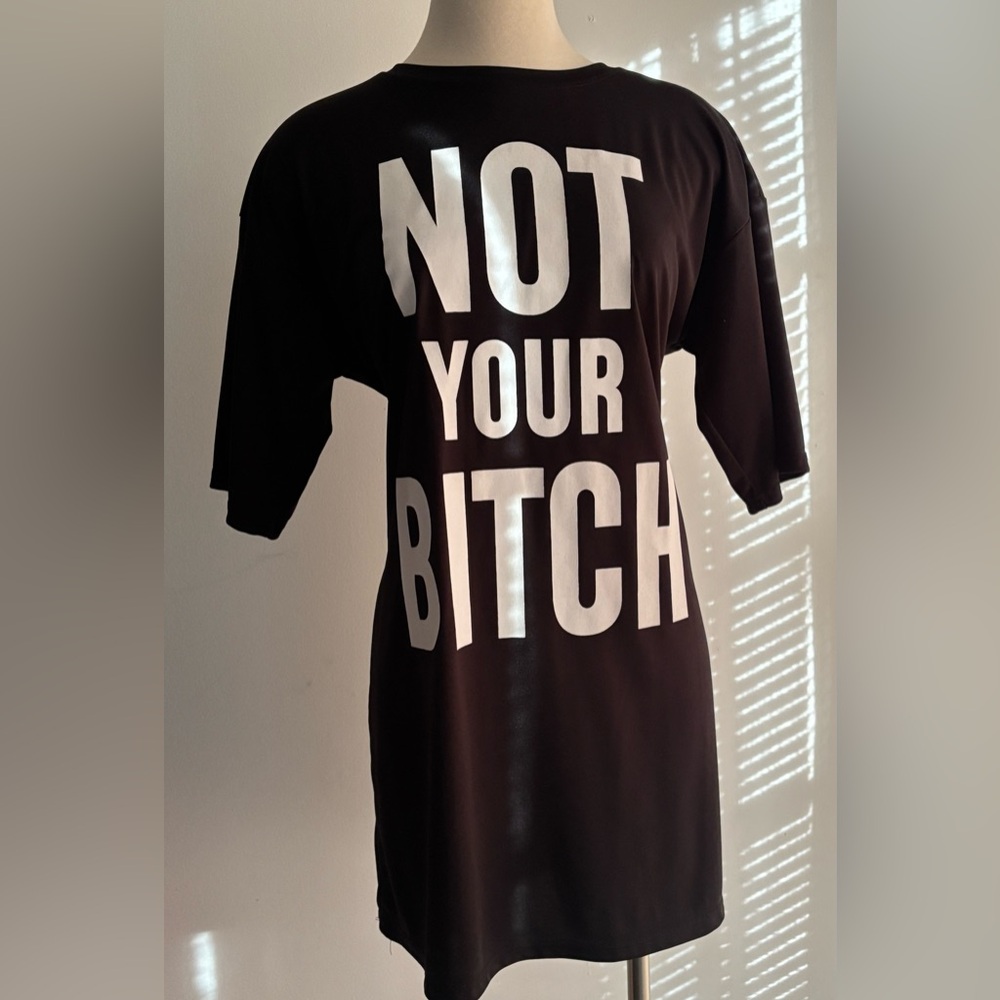Black Graphic T-Shirt Dress with Bold White Text